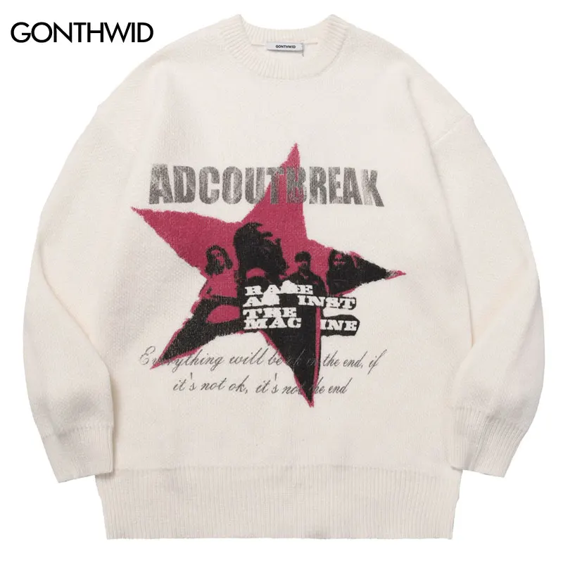 

Men Sweater Streetwear Hip Hop Graphic Star Print Pullover Jumper 2023 Harajuku Punk Loose Sweater Fashion Casual Knitwear Beige