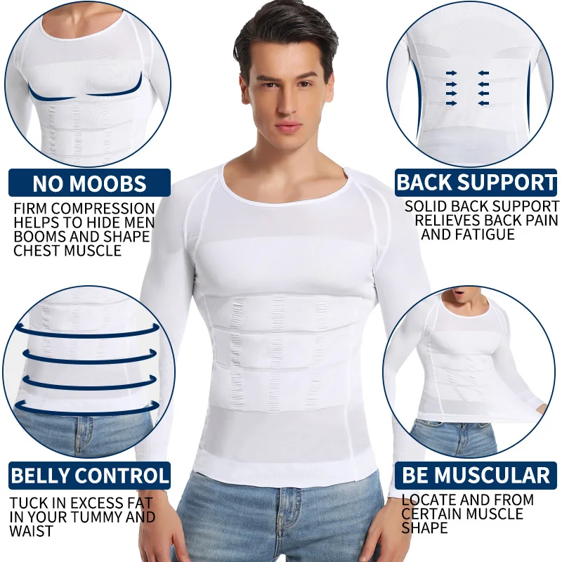 Men Slimming Body Shaper Waist Trainer Tummy Control Posture Long Sleeves Shirt Back Correction Abdomen Tank Top Shaperwear