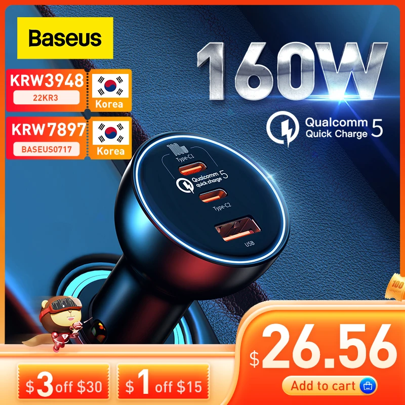 Автомобильное зарядное устройство Baseus 160 Вт QC 5 0 быстрая зарядка PPS PD3.0 USB Type-C для