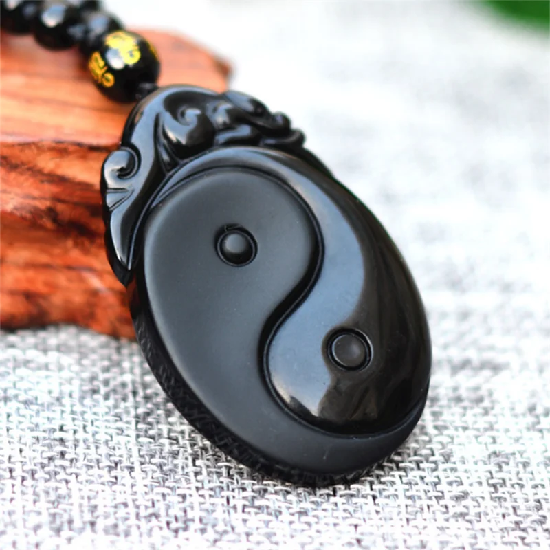 

Natural Black Obsidian Carved Yin and Yang Bagua Necklace Pendant Fishes Fengshui Pendant Jewelry