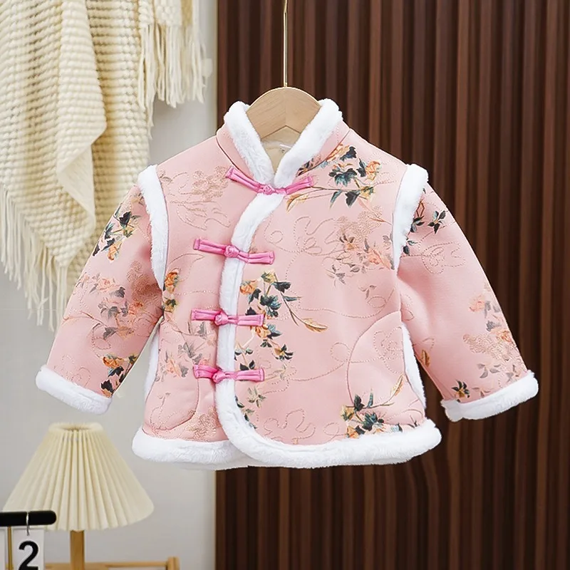 Children's Chinese-style Tang Suit Cashmere Cotton-padded Jacket Clothing Baby Girls Tray Button Warm Winter Vintage Coat