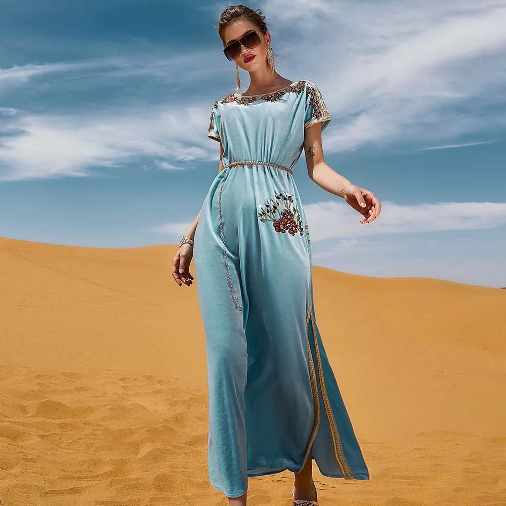 

Maxi Dress Blue Hand-stitched Diamond Velvet Dress Is Thin And White Party Lady Style New Elegant Event Dress Dubai Muslim Abaya