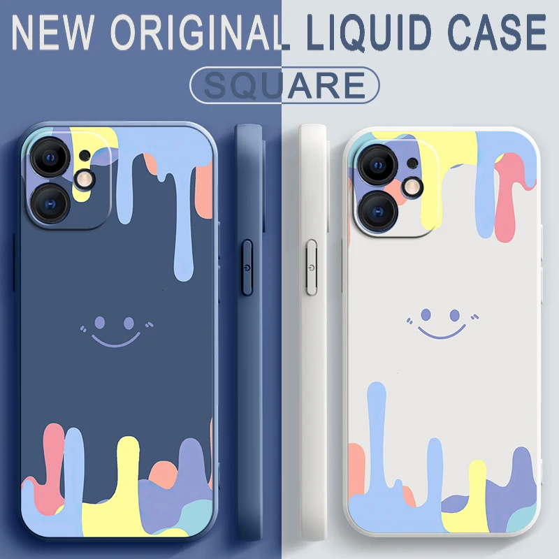 

For iPhone 11 12 13 Pro XR X XS Max Mini Liquid Silicone Color Smiling Face Case Phone Funda For iPhone 6 6s 8 7 Plus Couqe Capa