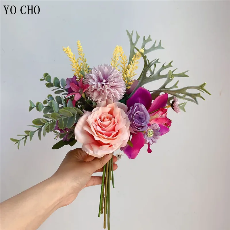 

YO CHO Dropshipping Mixed Rose Eucalyptus Leaves Wedding Flower Bouquet Artificial Chrysanthemum Decoration Flower for Home