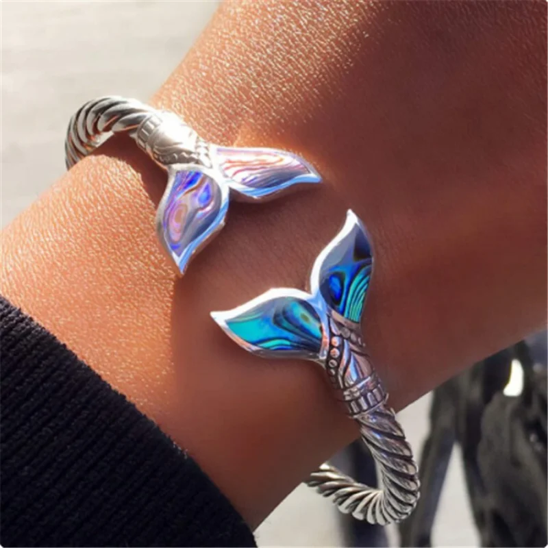 

Vintage Jewelry Abalone Shell Mermaid Tail Bangle Bracelet for Women Adjustable Couple Men Bracelet Wedding Anniversary Gift