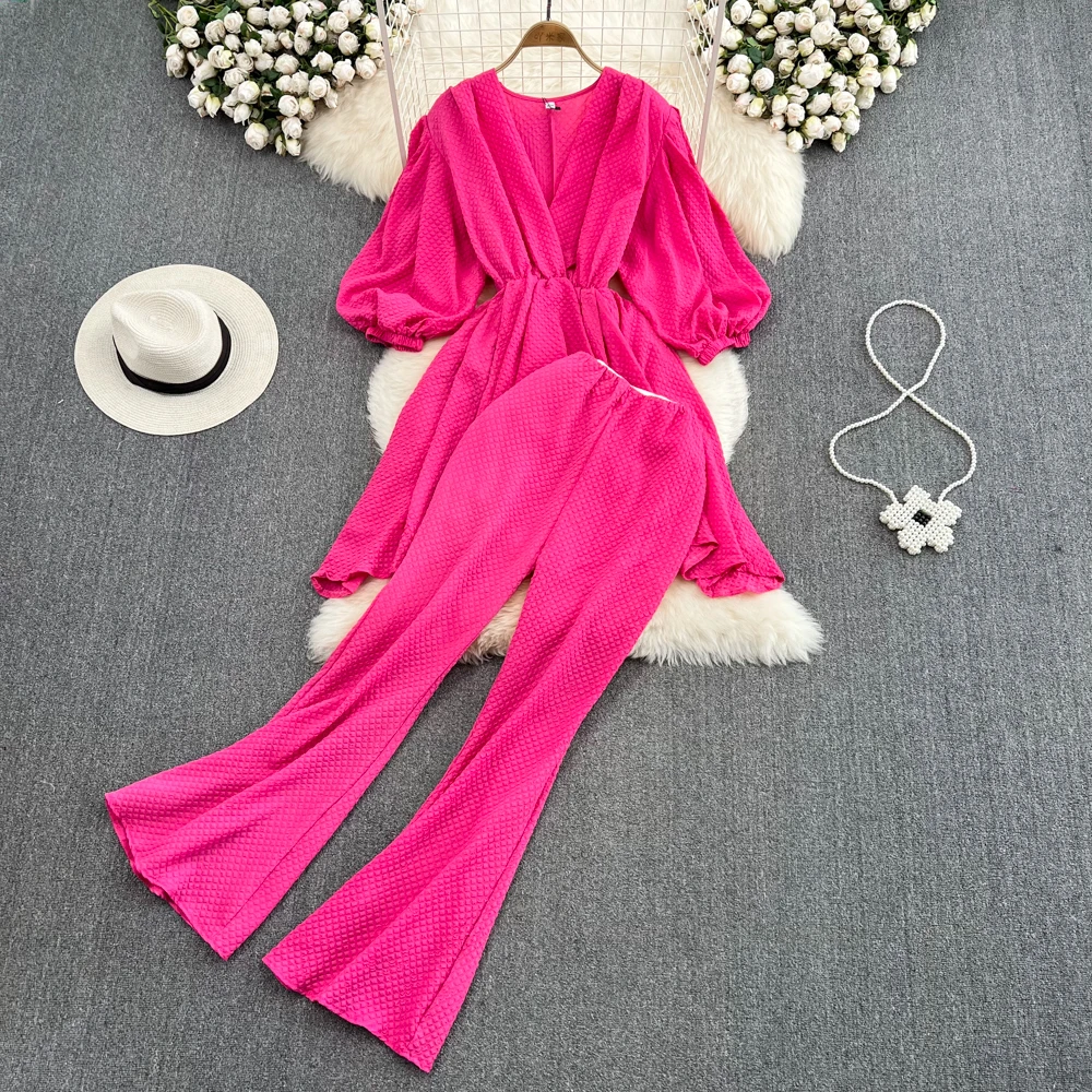

VANOVICH Fashion Women's Vintage Solid Color V-neck Puff-sleeve Waist Slim Irregular Top High-waisted Flared Pants Two-piece Set