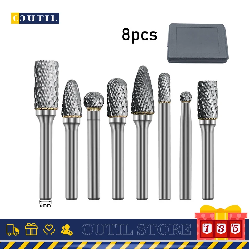 

8pcs/set Tungsten Steel Double Groove Rotary File Carbide Drill Bit Milling Cutter Set With Box Woodworking Thorn Grinding Tool