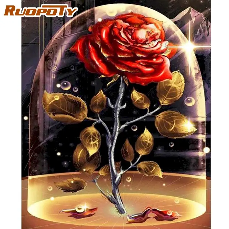 

RUOPOTY Frame Painting By Numbers Rose Flowers Handpainted Acrylic Paint On Numbers For Adults Diy Crafts For Home Decors