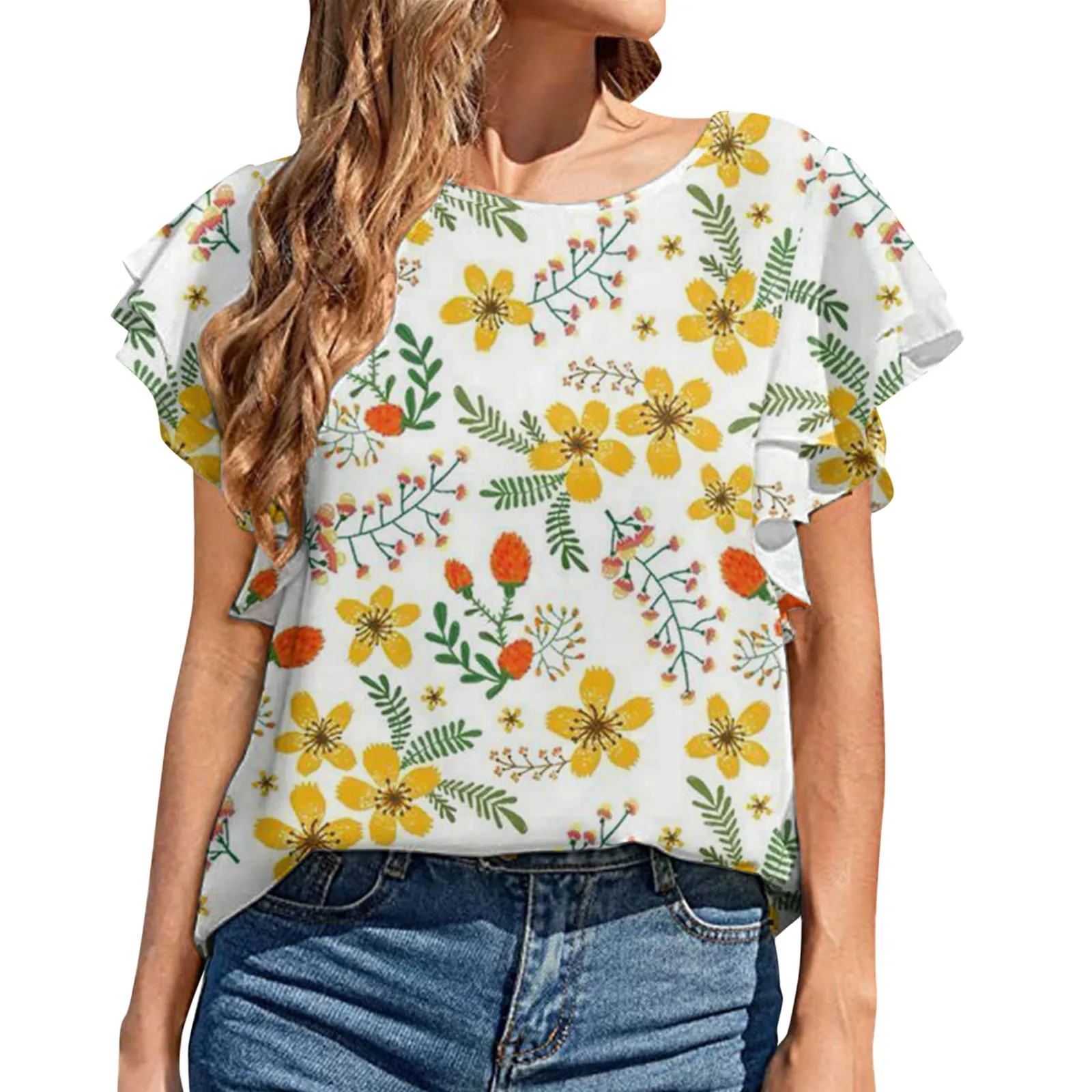 

Летняя женская блузка с двойными оборками, коротким рукавом и круглым вырезом, на пуговицах, свободная богемная женская блузка в стиле бохо