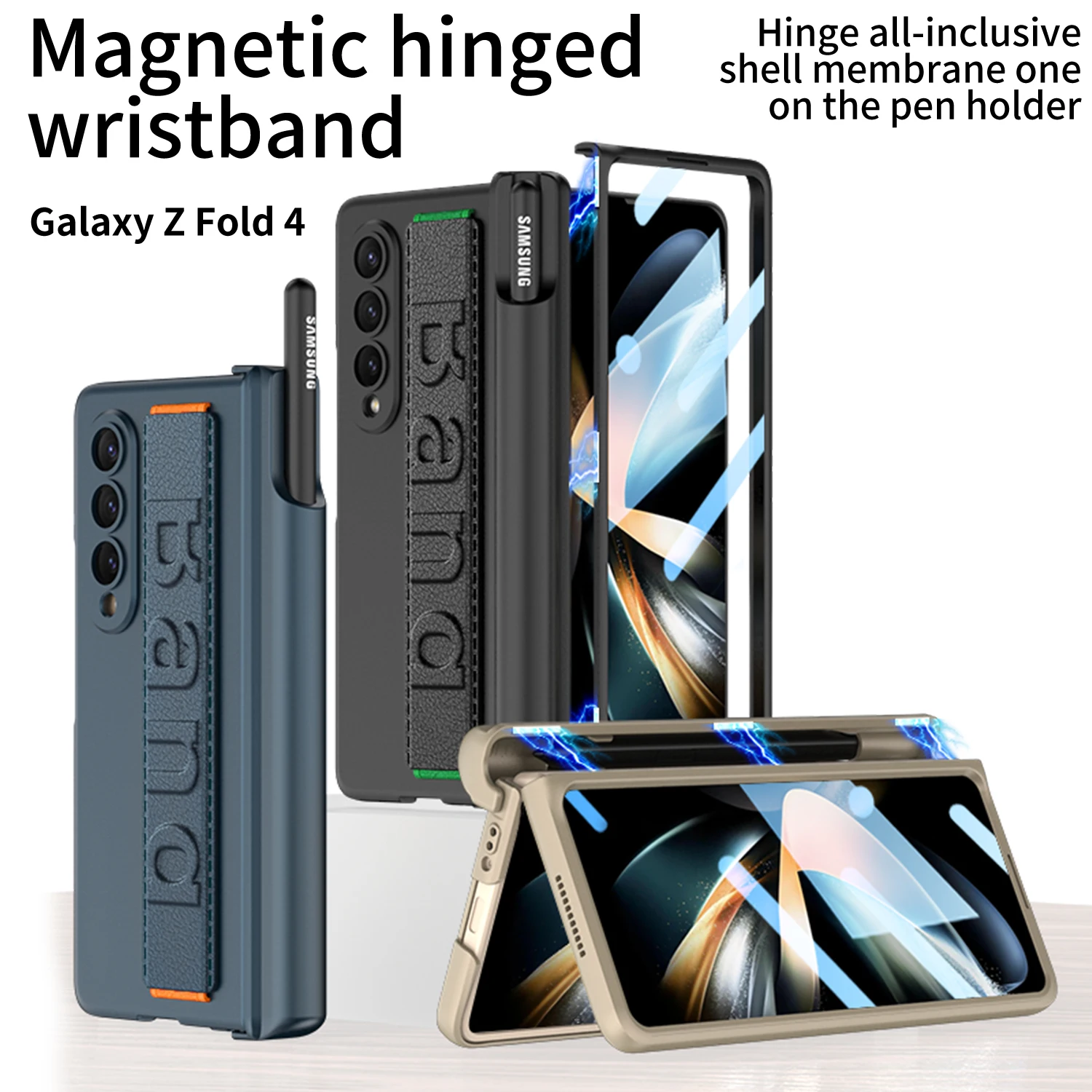 

Ультратонкий чехол GKK с ремешком на запястье для Samsung Galaxy Z Fold 4 3, держатель с магнитными петлями S-Pen, защитный чехол с ремешком на запястье