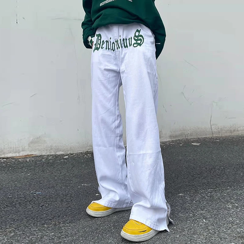 

Ankle Zipper Letter Embroidery Straight Casual Denim Trousers Men and Women Ripped Washed Streetwear Loose Oversized Jeans Pants