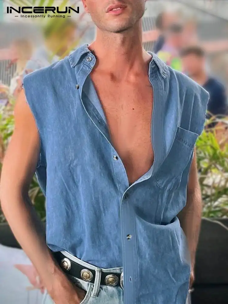 

Модная мужская рубашка INCERUN, однотонная, с отворотом, 2022, без рукавов, на пуговицах, личная одежда, летние повседневные рубашки для мужчин, же...
