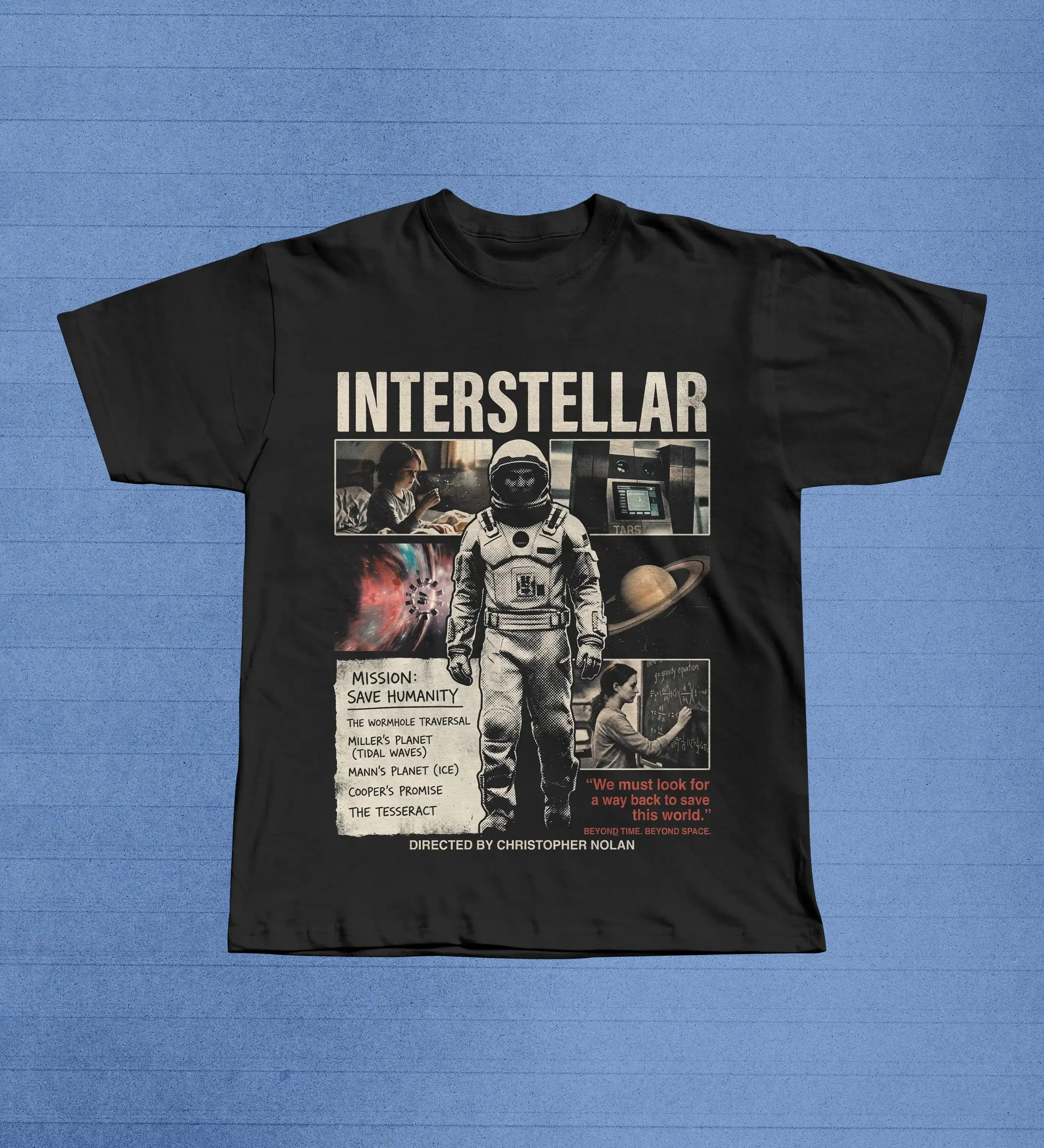 Фото Футболка Interstellar, футболка с изображением из научно-фантастического фильма Кристофера Нолана, футболка с изображением астронавта Тарса и тессеракта. №1