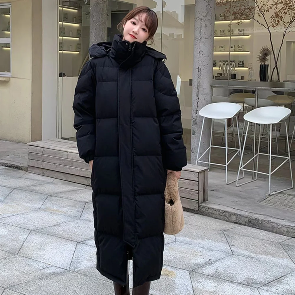 90% White Duck Down Jacket Hooded Long Puffer Coat Thicken Warm Fashion Womens Winter Loose Clothing Straight Female Parkas