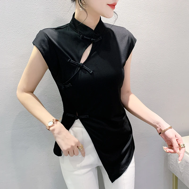 Новинка 2024 асимметричная сетчатая женская футболка в китайском стиле на