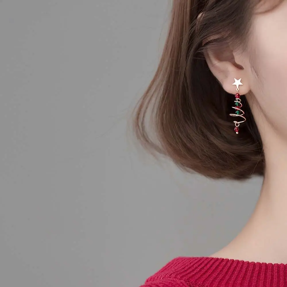 

Red Green Beads Girls Tree Crystal Fashion Jewelry Women Drop Earrings Christmas Spiral Earrings Korean Style Earrings
