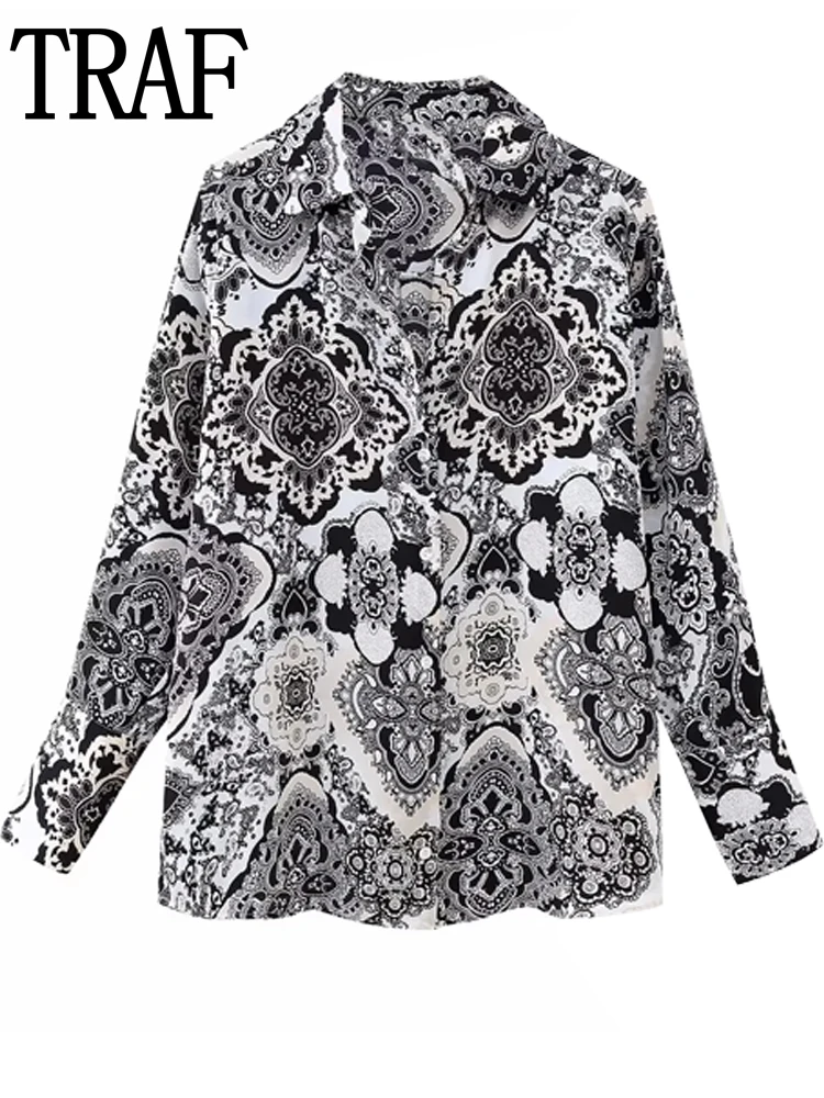 

TRAF Vintage Button Up Shirt Women Printed Satin Blouse Women Long Sleeve Shirt Woman Collared Elegant Female Shirts And Blouses