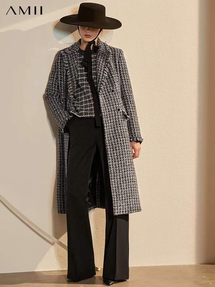 

Amii Minimalism Autumn WInter Temperament Women's Jacket Fashion OLstyle Lapel Plaid Calf-length Coat Female 12070583