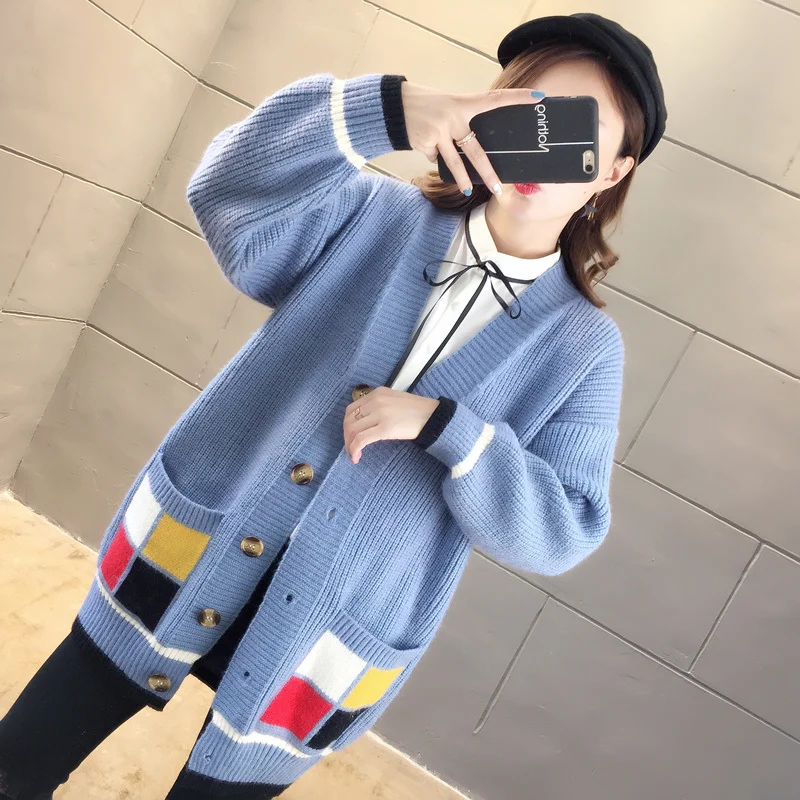 

Autumn Spring Fashion Mid Long Patchwork Knitted Cardigan Women Sweater Korean Loose Big Pocket V-Neck Knit Jacket Coat Female