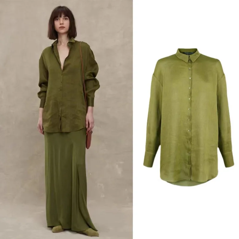 

Fashion Classic 22 Luxury designerer Women Spring Autumn Fixed Dyed Silk Linen Shirt Off Shoulder Loose Medium Length Shirt