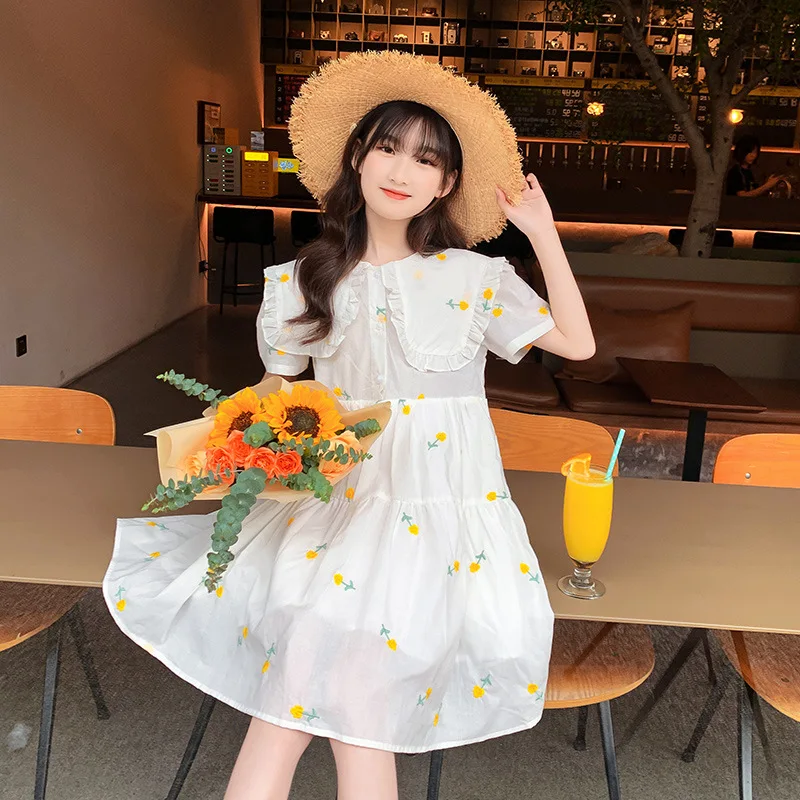 

Girls Summer Dress 2022 New Teen Children's Broken Flower Big Collar College Style Dress