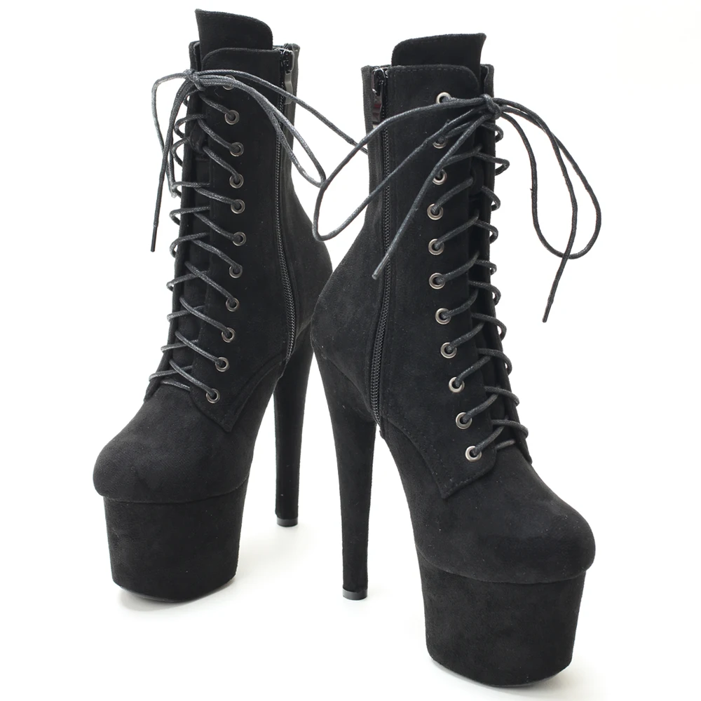 7 Inch Heel (17CM) Faux Suede Platform Lace-Up Front Pole Dancing Ankle Boots  Size36-43