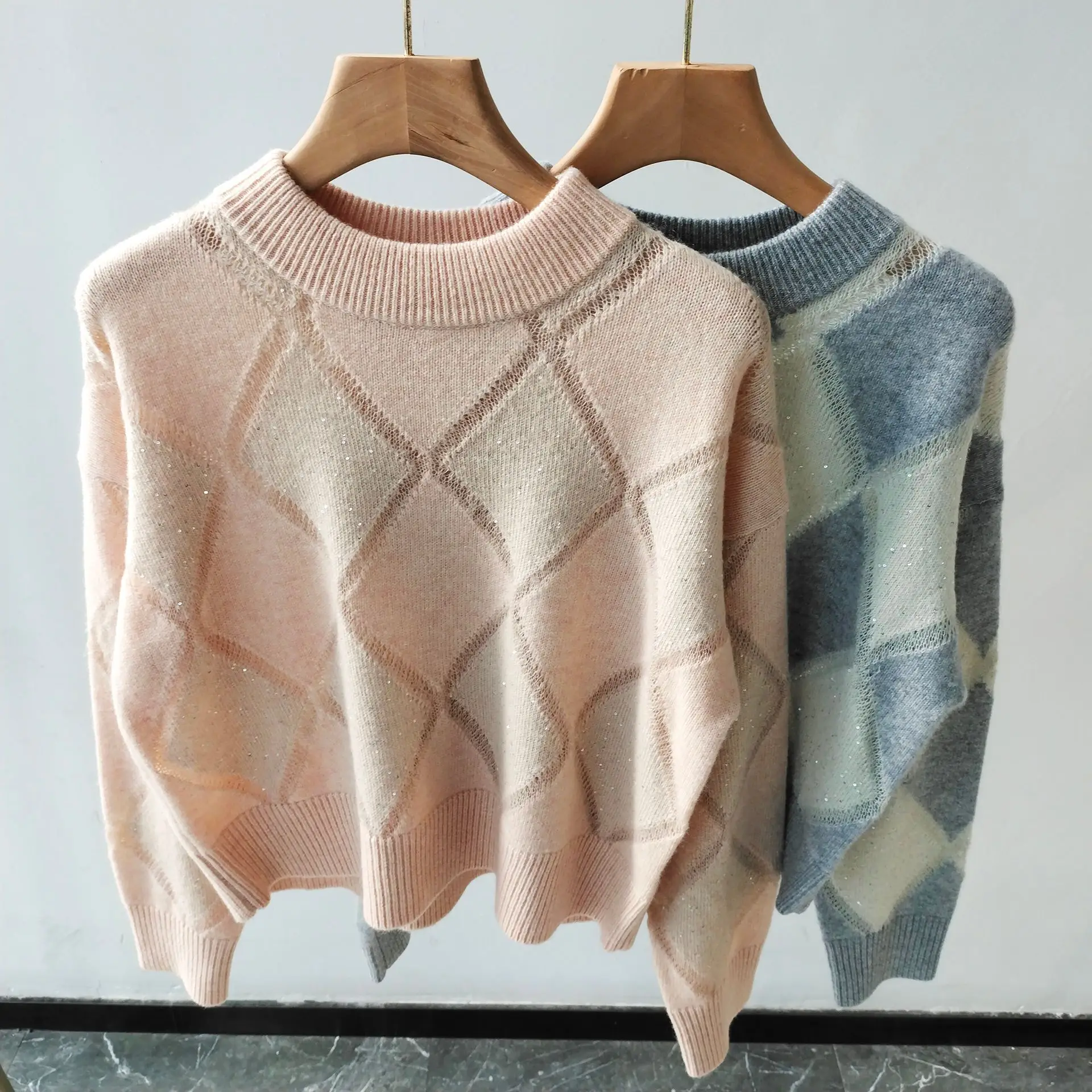 Женские осенне-зимние пуловеры с ромбическими блестками шерстяной мохеровый