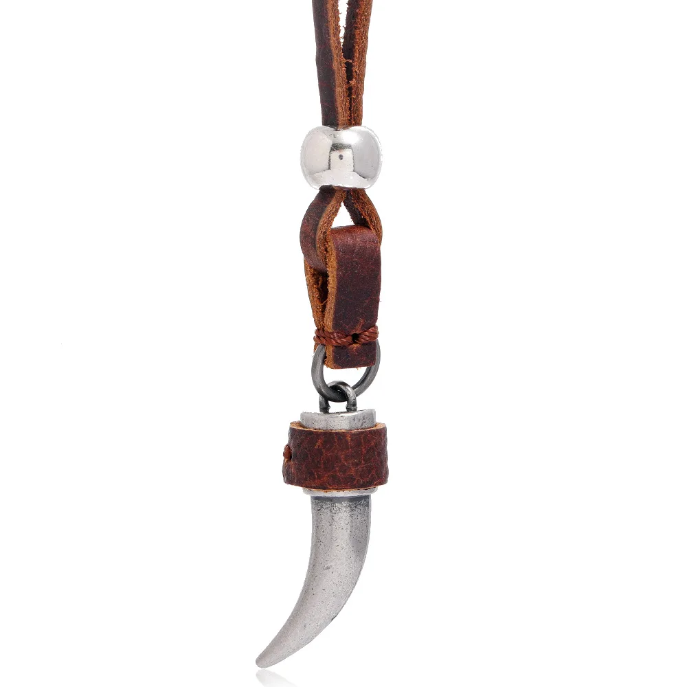 

QiLuxy Fashion Punk Cowhide Necklaces for Men Silve Color Wolf Tooth Pendant Neckalces Brown Genuine Leather Necklaces Jewelry