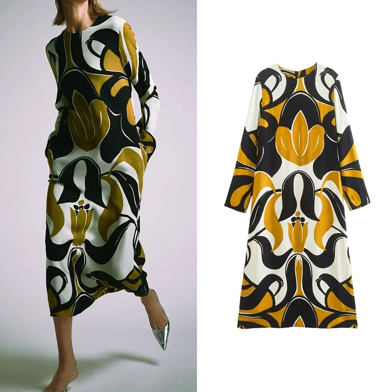 

Autumn 2022 Women Fashion Print Midi Dress O Neck Long Sleeve Female Loose Dresses Vestidos OZZ1650