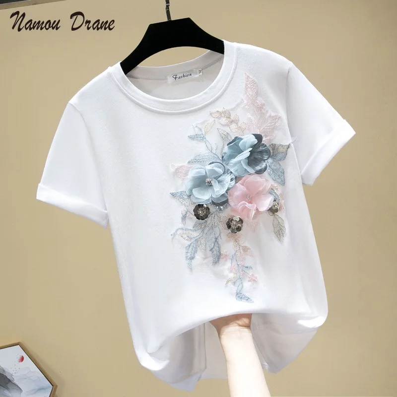 

Летняя Новинка 2022 Тяжелая вышивка блестками трехмерные цветы Универсальная модная футболка с коротким рукавом женский нижний топ