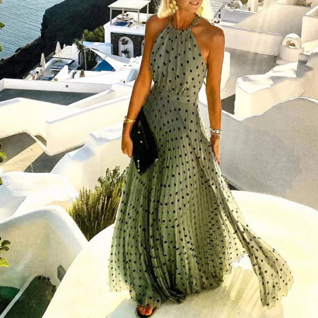 

Summer Women Boho Polka Dot Print Chiffon Pleated Maxi Dress 2022 New Femme Sleeveless Maxi Boho Vacation Outfits Lady Clothing