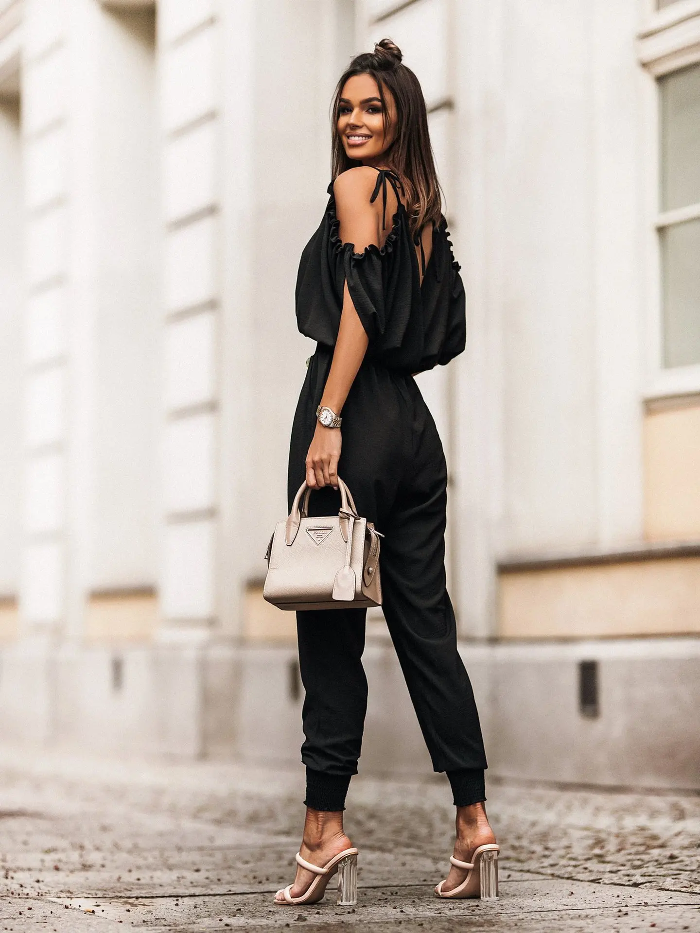 2023 Women Jumpsuits Long Sleeve V Neck Sexy Shirring Folds Solid Thin Lightweight Clothing Lace Up Romper