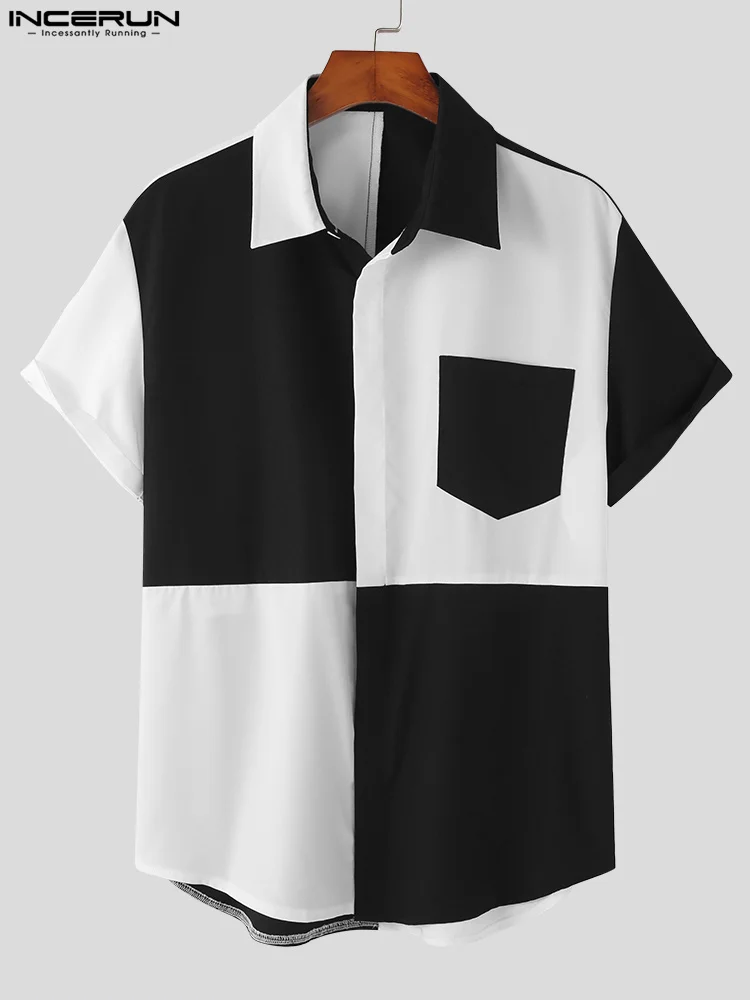 Handsome Well Fitting Tops INCERUN Men 2Color Stitching Contrast Color Blouse Simple All-match Short-sleeved Lapel Shirts S-5XL