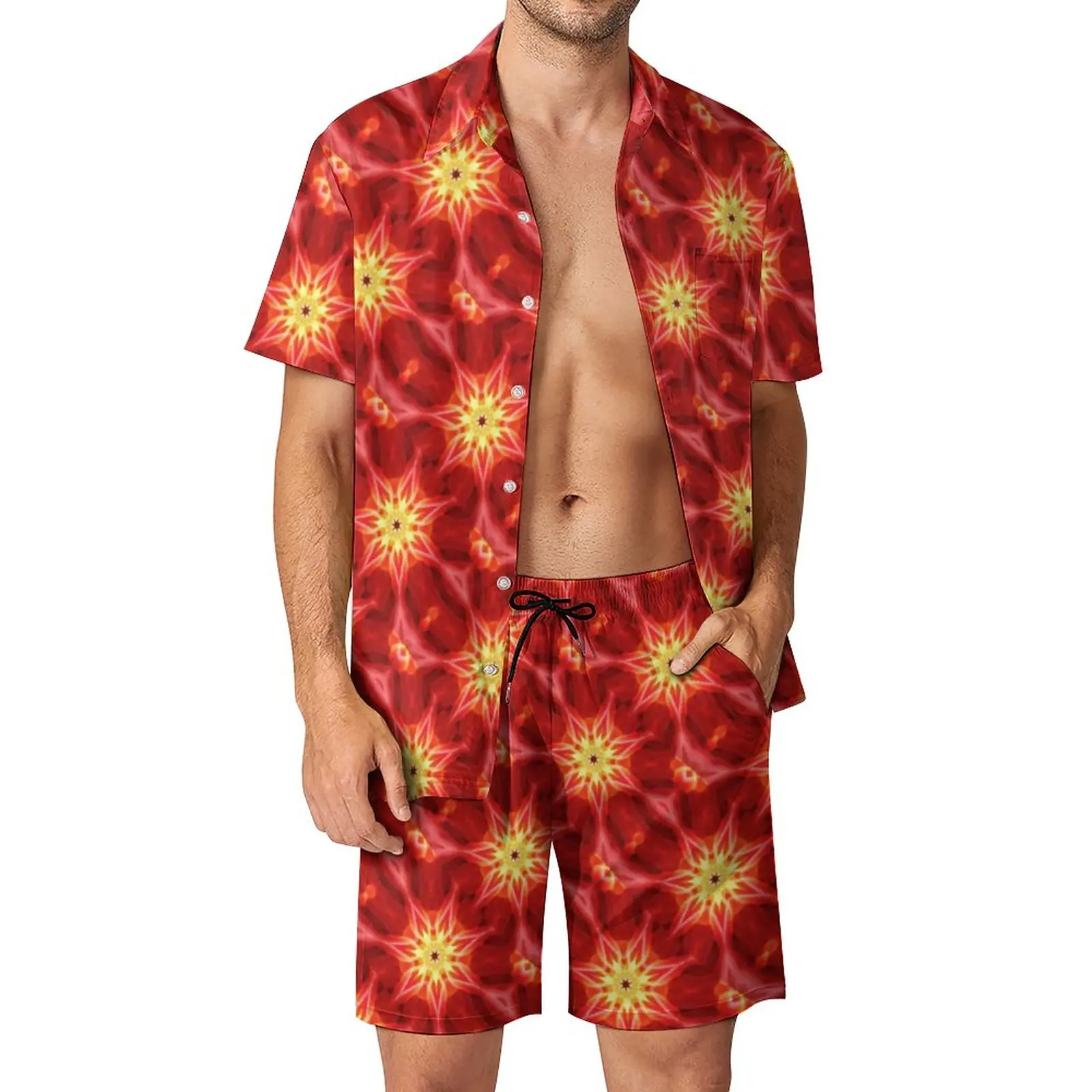 

Sun Print Men Sets Abstract Yellow Red Aesthetic Casual Shirt Set Short-Sleeve Graphic Shorts Summer Beach Suit Plus Size