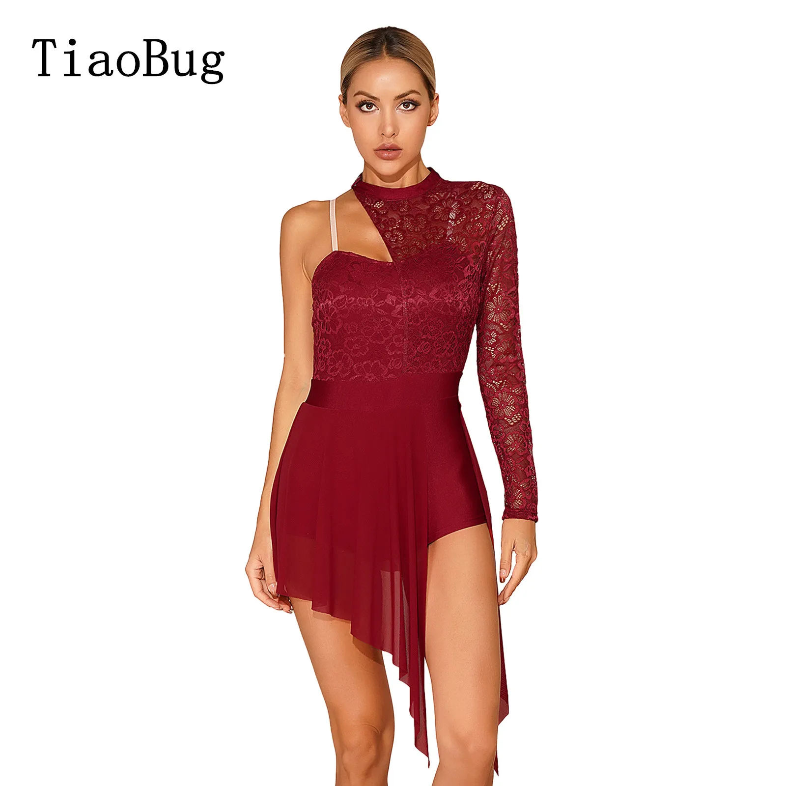 

Women Fashion Lace Patchwork Leotard Dress One Shoulder Split See-through Mesh Asymmetric Hem Dance Dresses