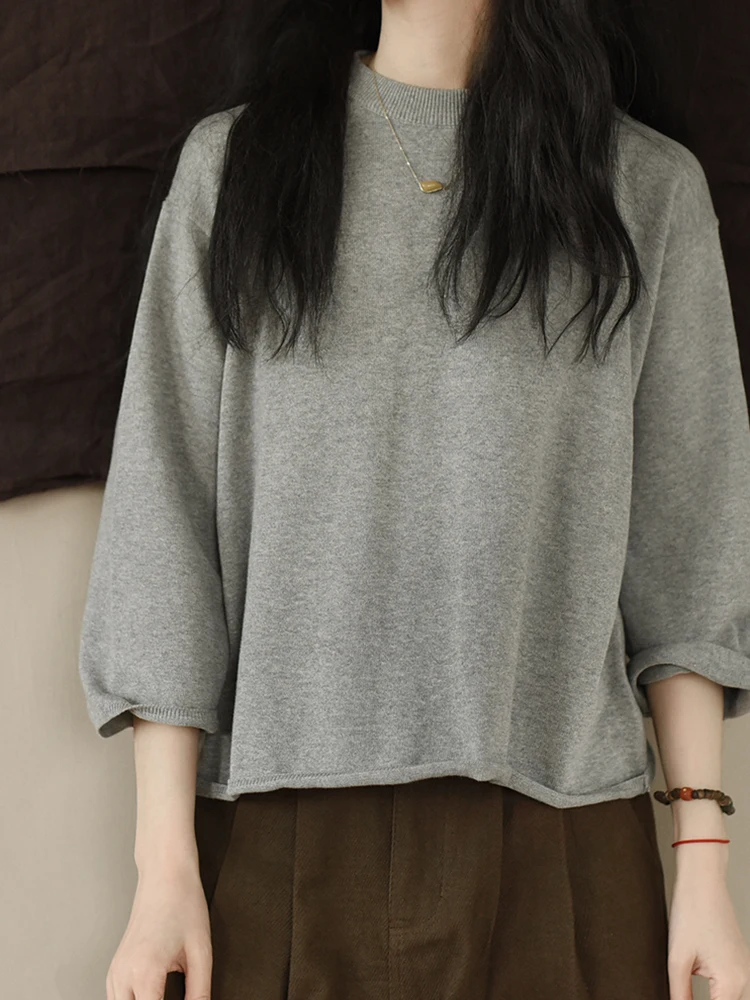 

117-120cm Bust / Spring Autumn Women All-match Gray Comfy Loose Knitted Cotton Pullover Sweaters /Jumpers