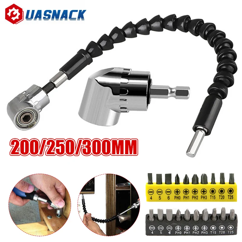 105 Degree Right Angle Drill Attachment and Flexible Angle Extension Bit Kit for Drill or Screwdriver 1/4