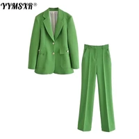 2022 new womens suit pants two piece set fashion high quality single breasted ladies green jacket high waist straight pants