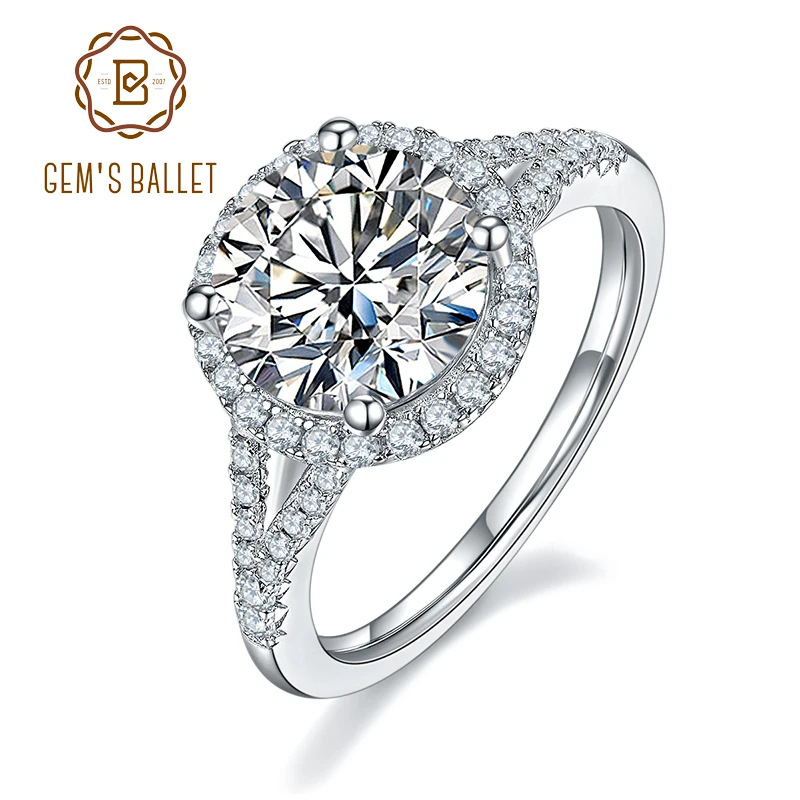 

GEM'S BALLET 925 Sterling Silver 1.5ct 2 ct 3ct D Color Round Split Shank Halo Moissanite Diamond Engagement Rings For Women