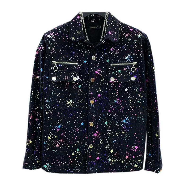 

PFNW Autumn New Men's Handsome Denim Jackets Sequines Niche Print Personality Fashion High Street Hiphop Loose Chic Coat 28A3682