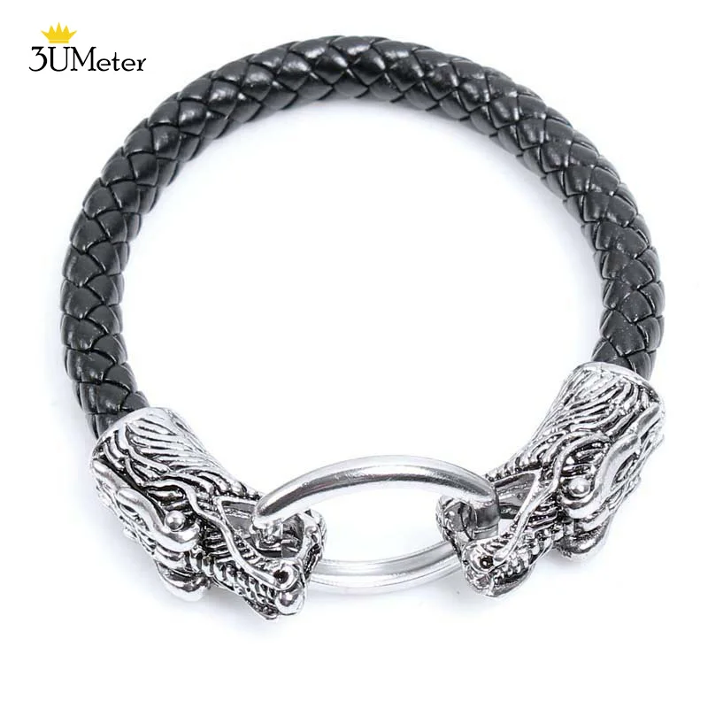 

2022 New Double Dragon Head Leather Bracelet Classic Animal Stainless Steel Bracelets Punk Fashion Nordic Vicking Bangle Jewelry