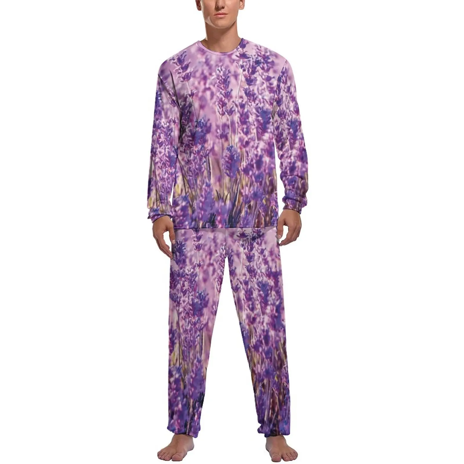 Lavender Pajamas Purple Flowers Print Mens Long Sleeves Cute Pajama Sets 2 Piece Casual Autumn Graphic Sleepwear Gift