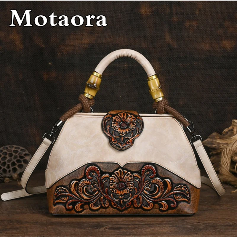 Motaora Vintage New Designer Luxury Bags For Women Leather Handbag Women's Bag 2023 Trend Handmade Carved Ladies Shoulder Bags