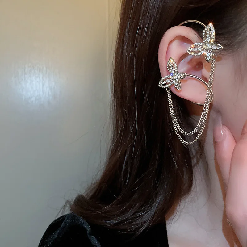 

KAITIN Light Luxury Zircon Tulip Flower Star Butterfly Tassel Clip Earring No Ear Hole Ear Bone Teenager Earrings Korean Style