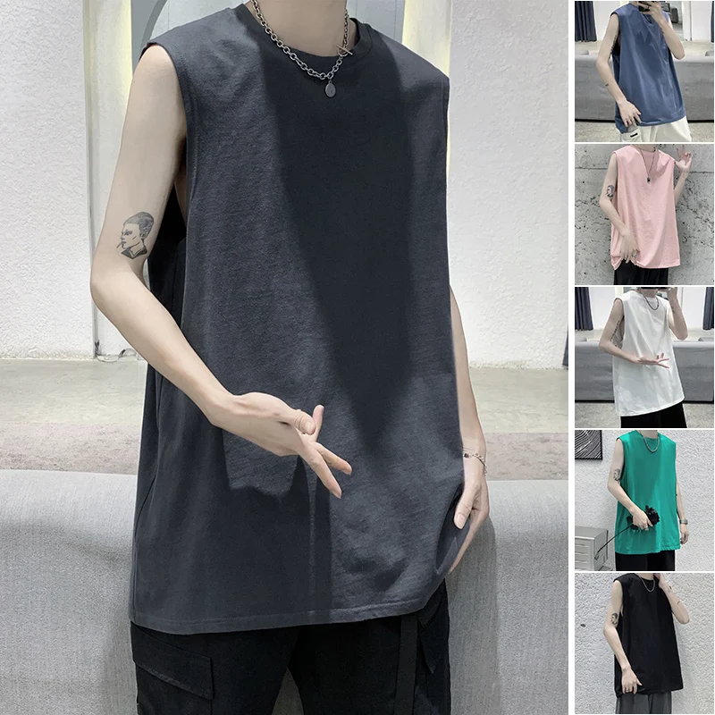 

Deep Inventory！2022Hong Kong Style Vest Men's Fashion Summer Solid Color SleevelessTT-shirt Loose Casual Bottoming Shirt