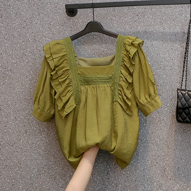 

SuperAen 2022 Summer Loose Oversized Solid Square Collar Ruffle Half Chiffon Shirt Womens Tops