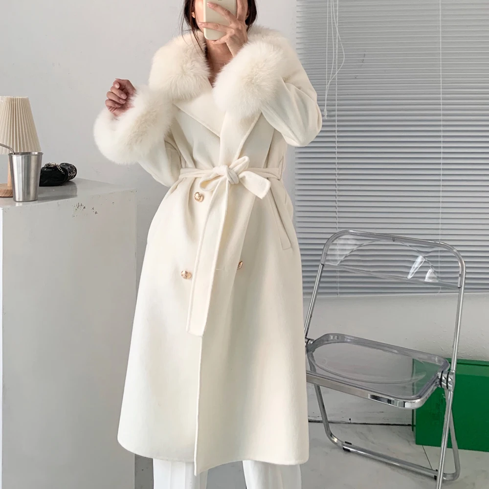 Furyoume 2022 Winter Women Long Real Fur Coat Jacket Natural Fox Fur Collar Cashmere Wool Blends Outerwear Ladies Streetwear enlarge