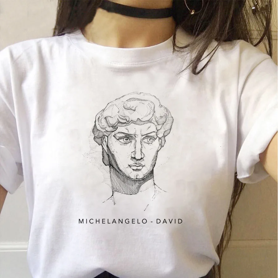 

Cute O-neck Casual Female Tops Te Harajuku Funny Black and White Drawing David Print Short Sleeve T-Shirt Fashion Women T-Shirt