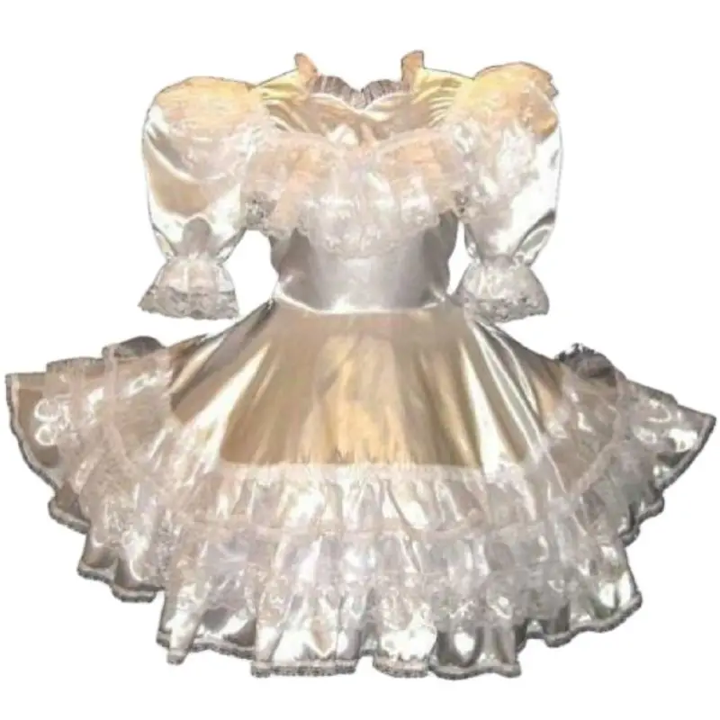 

Französisch Heißer Verkauf Sissy Weiß Satin Rüschen Längs Blase Hülse Erwachsene Baby Maid Kleid Nach