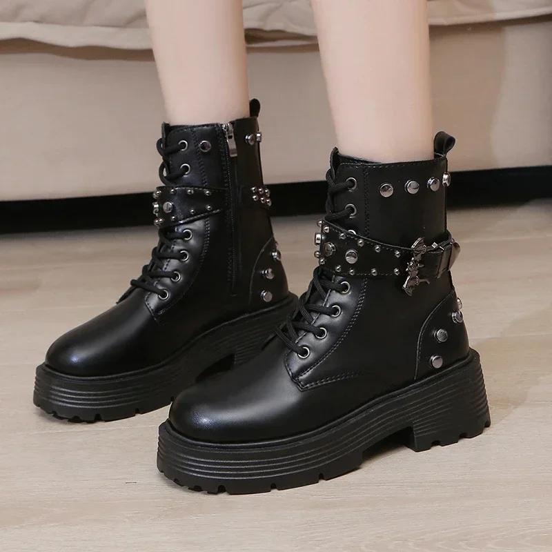 

2023 High Quality Ladies Shoes Lace Up Zipper Women's Boots Autumn Round Toe Solid Platform Mid Heel Water Proof Fashion Boots
